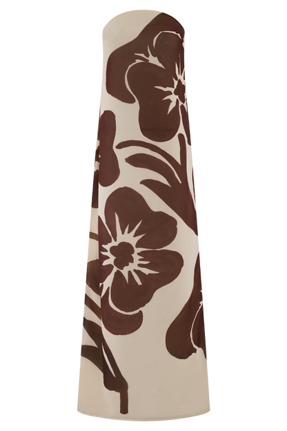 Amaya Strapless Chiffon Maxi Dress Brown Deco Fleur Print