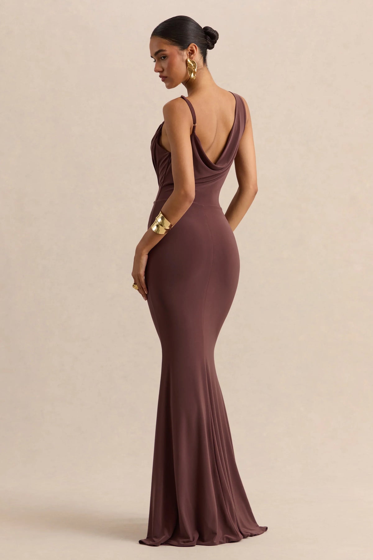 Armelia Brown Cowl Neck Maxi Dress With Scarf Detail