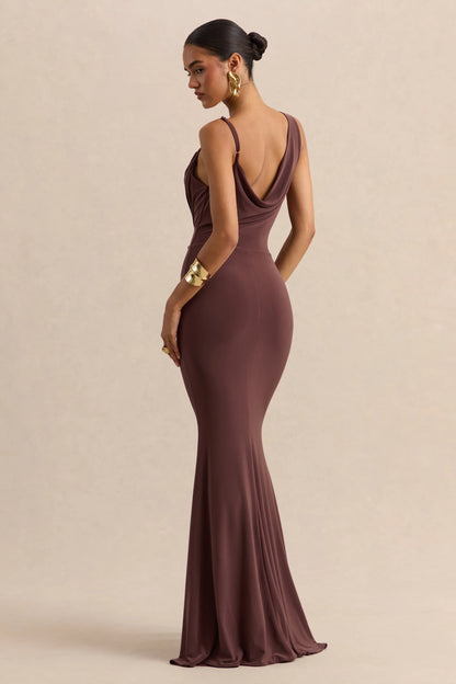 Armelia Brown Cowl Neck Maxi Dress With Scarf Detail