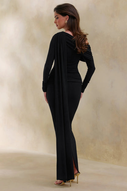 Bessy Black Asymmetric Neck Maxi Dress With Gathered Detailing And Sash