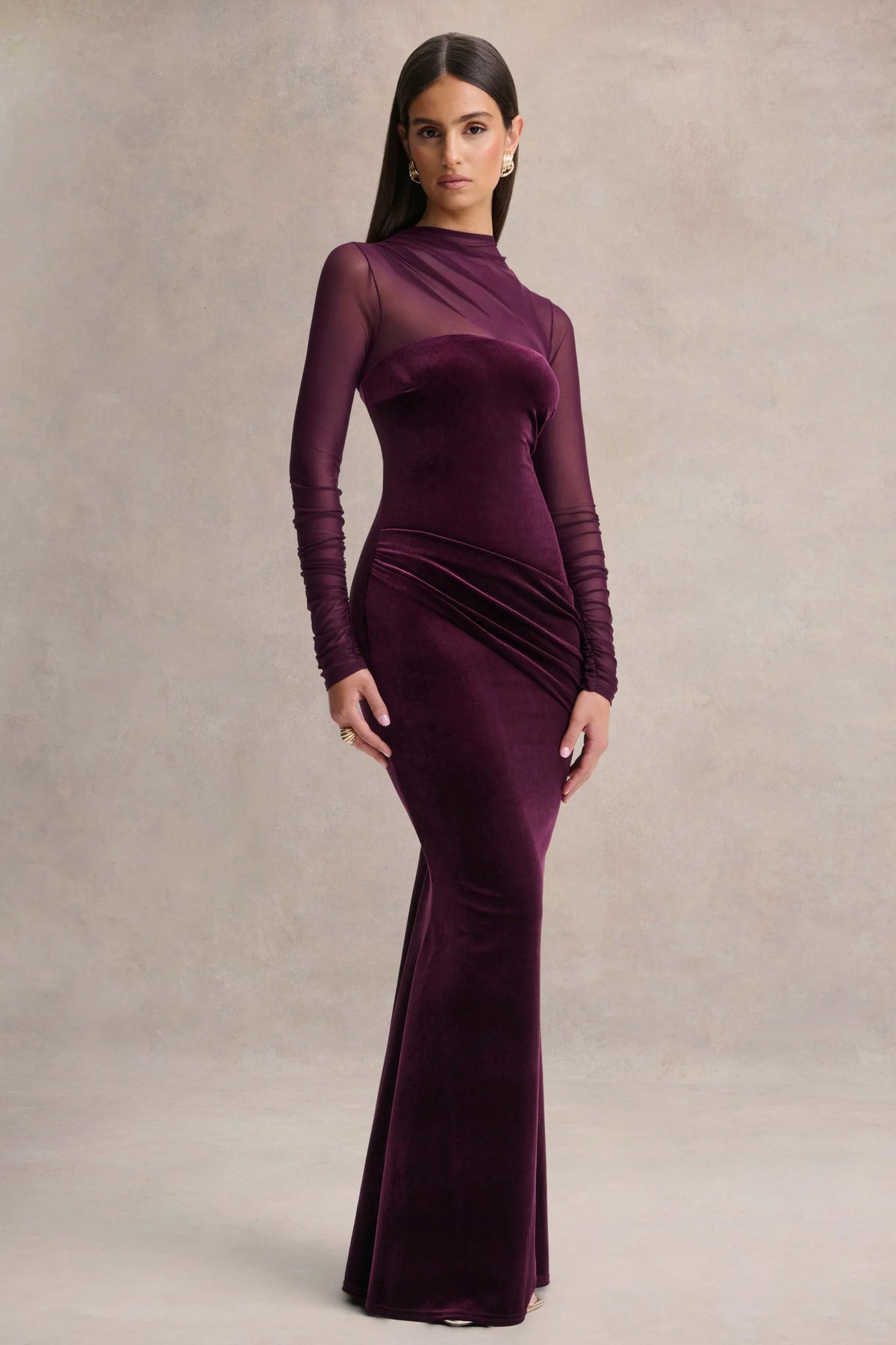 Cambria Plum Velvet High Neck Maxi Dress With Draped Detailing