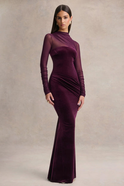 Cambria Plum Velvet High Neck Maxi Dress With Draped Detailing