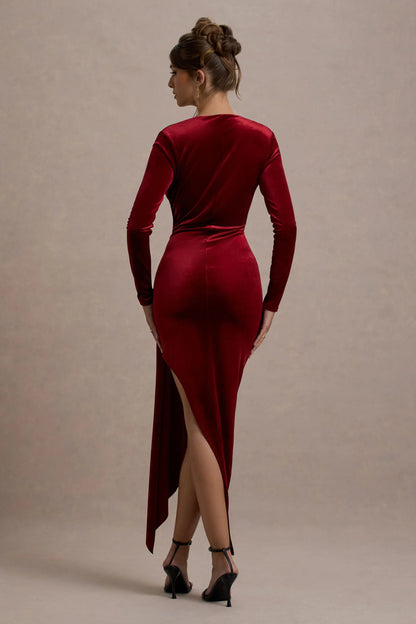 Arcadia Berry Velvet Plunge Neck Wrap Midi Dress