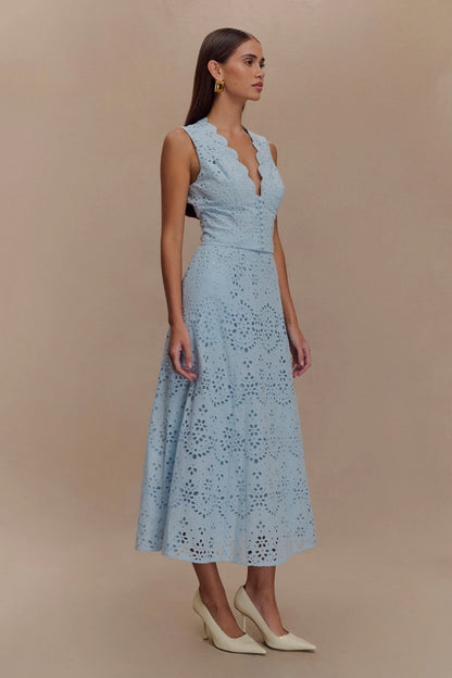 Arla Broderie Midi Skirt Pale Cornflower Blue