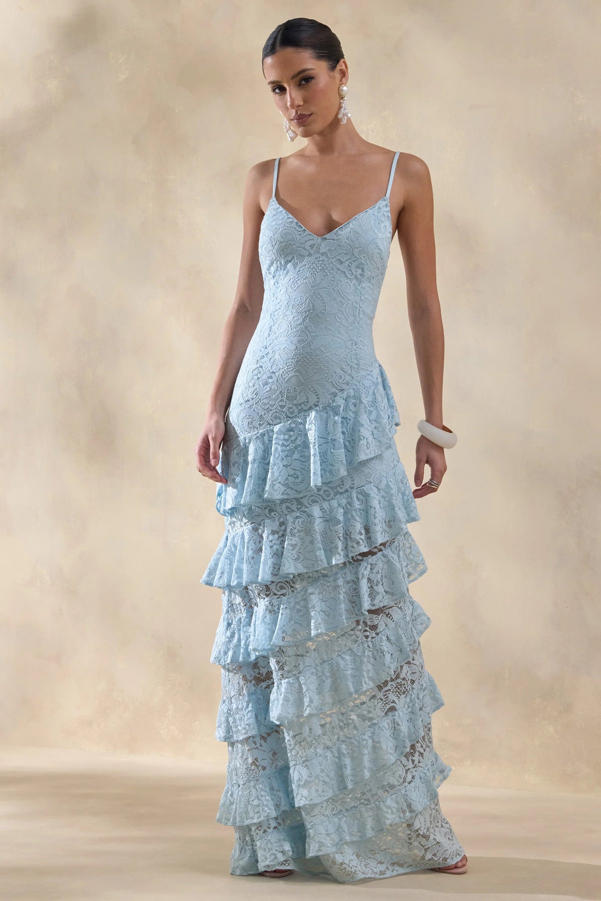 Avelisse Blue Lace Plunge Neck Maxi Dress With Ruffled Detailing