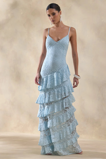 Avelisse Blue Lace Plunge Neck Maxi Dress With Ruffled Detailing