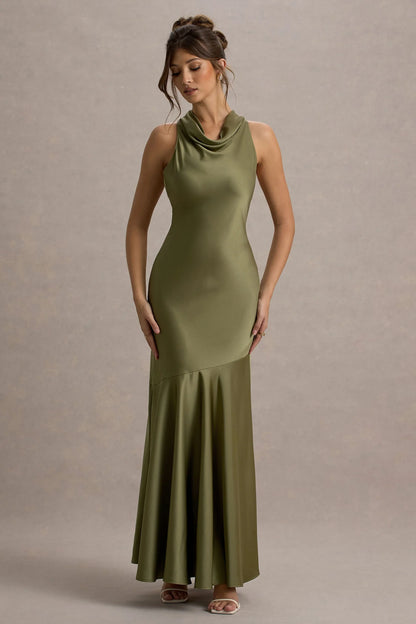 Amelita Khaki Satin Cowl Neck Maxi Dress
