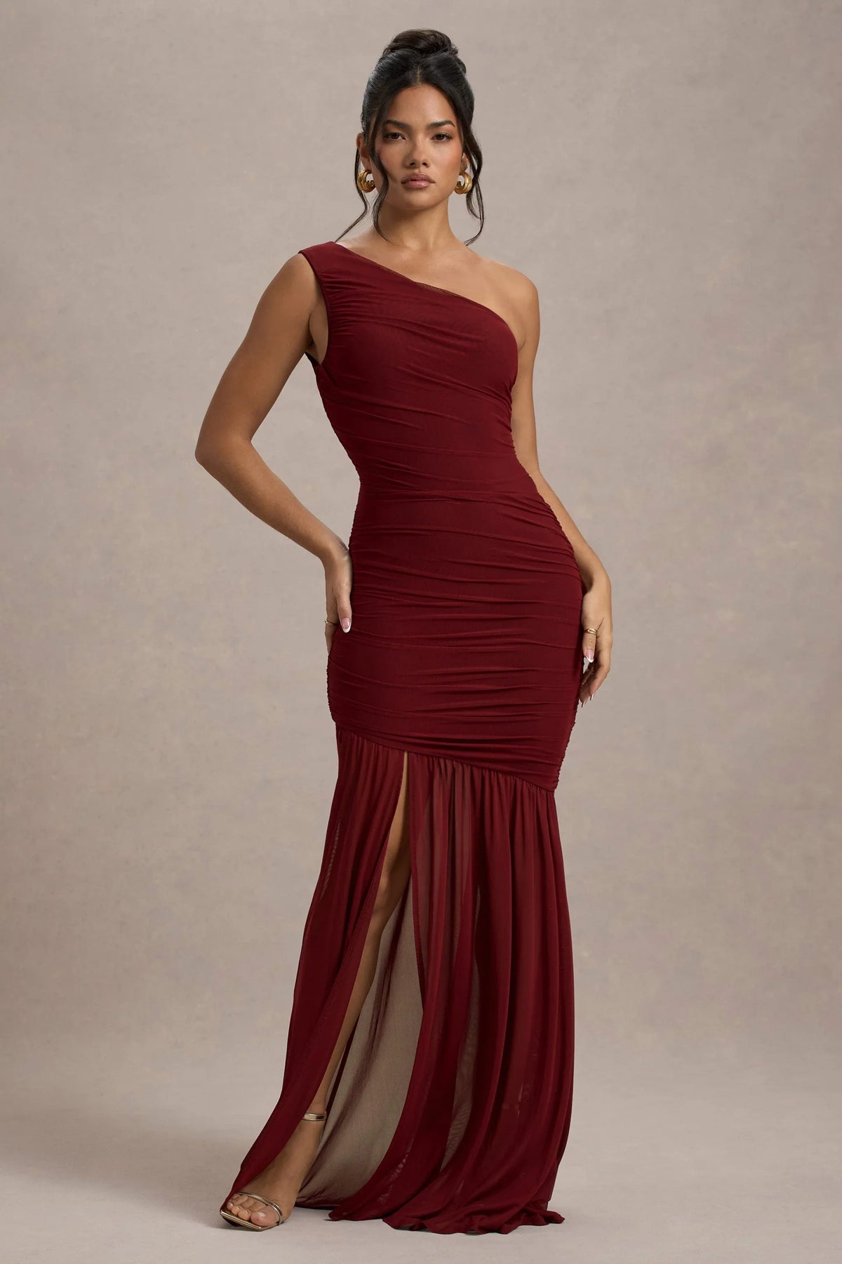 Bastia Burgundy Ruched Mesh Asymmetric Maxi Dress