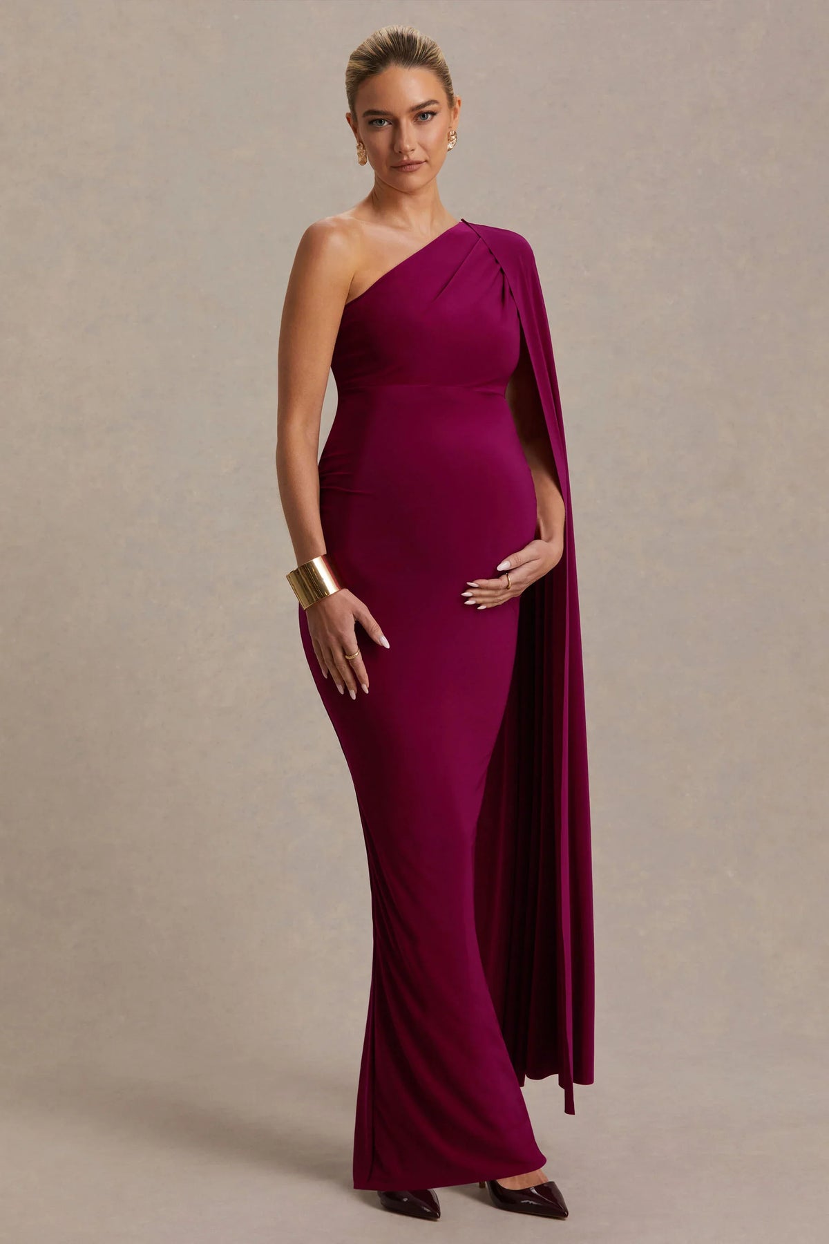 Amaryllis Berry Maternity One Shoulder Maxi Dress with Cape Sleeve