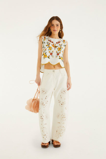Off-White Lemon Bouquet Wavy Hem Sleeveless Blouse