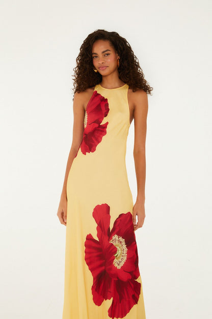 Light Yellow Poppy Flowers Sleeveless  Maxi Dress