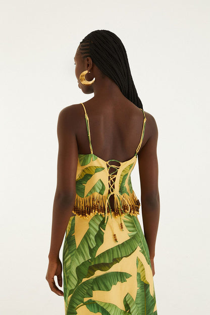 Yellow Fruit Leaves Banana Beaded Fringes Sleeveless Top