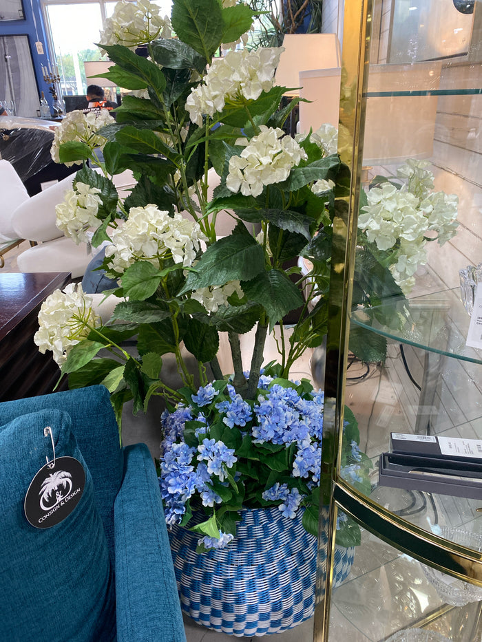 FAUX HYDRANGEAS IN BLUE & WHITE WICKER BASKET