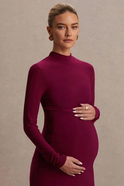Alejandra Burgundy Maternity Long Sleeve High Neck Maxi Dress