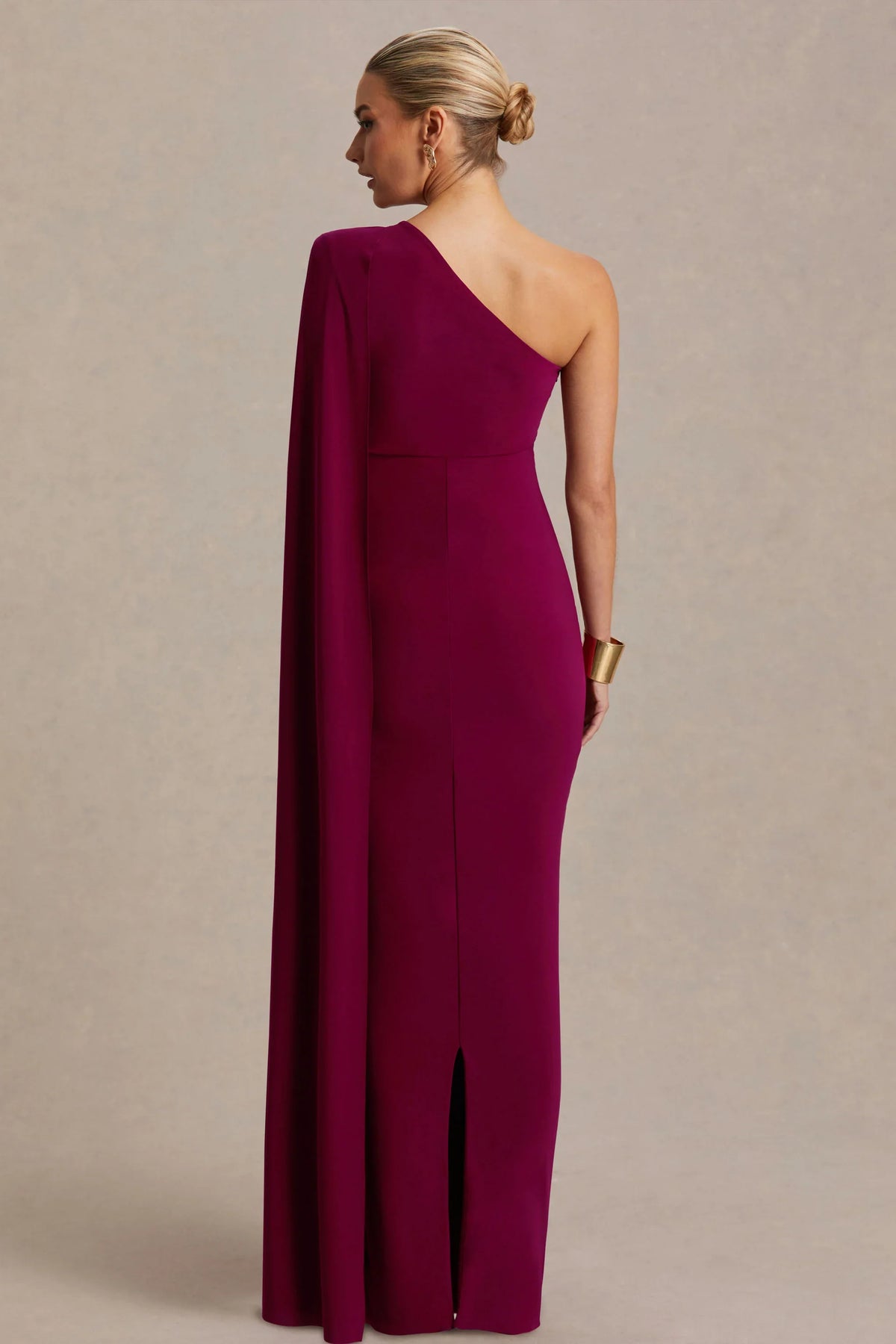 Amaryllis Berry Maternity One Shoulder Maxi Dress with Cape Sleeve