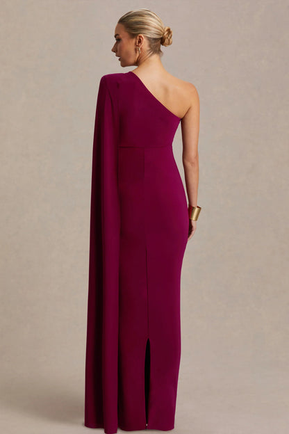 Amaryllis Berry Maternity One Shoulder Maxi Dress with Cape Sleeve