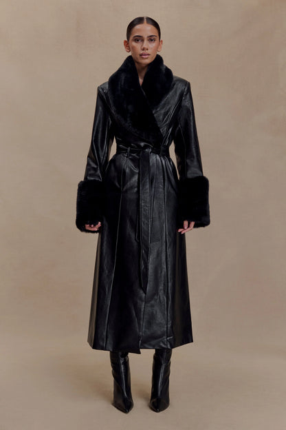 Bec Faux Leather Trench Coat With Faux Fur Black