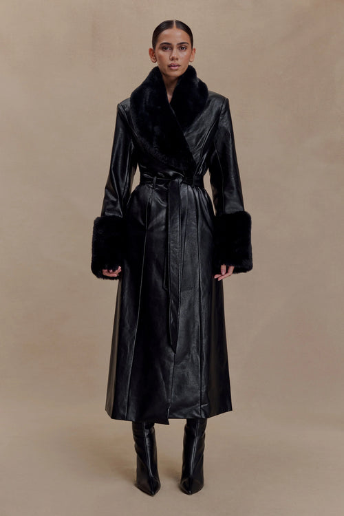 Bec Faux Leather Trench Coat With Faux Fur Black