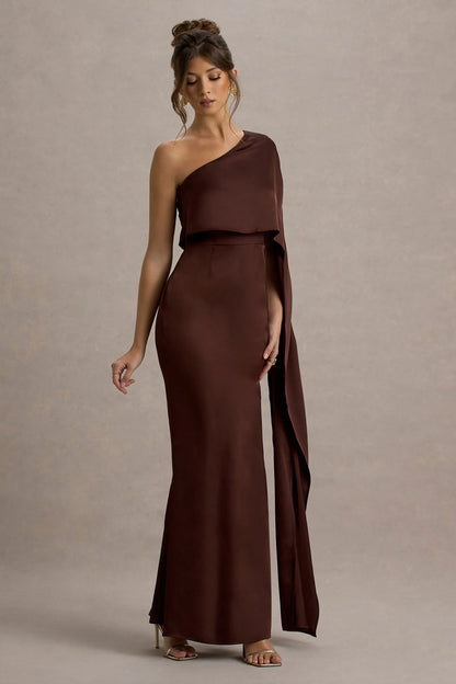 Amora Brown Satin Asymmetric Cape Sleeve Split Maxi Dress
