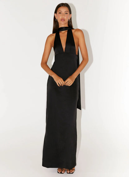 Alicia Satin Halter Maxi Dress Black