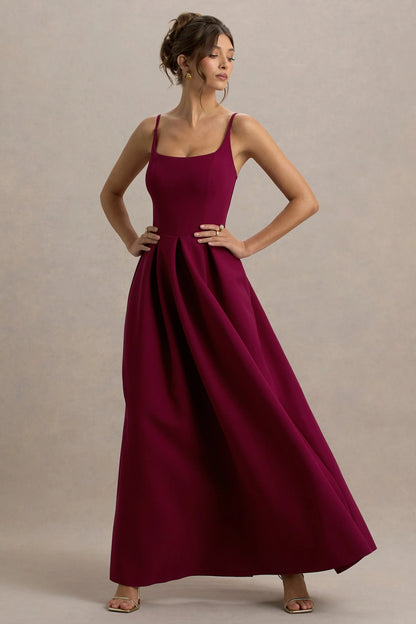 Bambina Burgundy Scoop Neck Pleated Maxi Dress