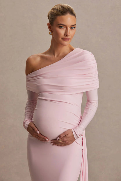 Amara Blush Pink Asymmetric Neck Maternity Maxi Dress With Sash Detail