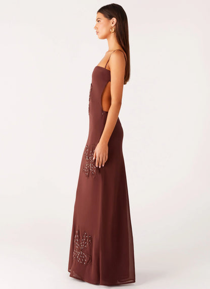 Bayla Beaded Flower Maxi Dress Chocolate