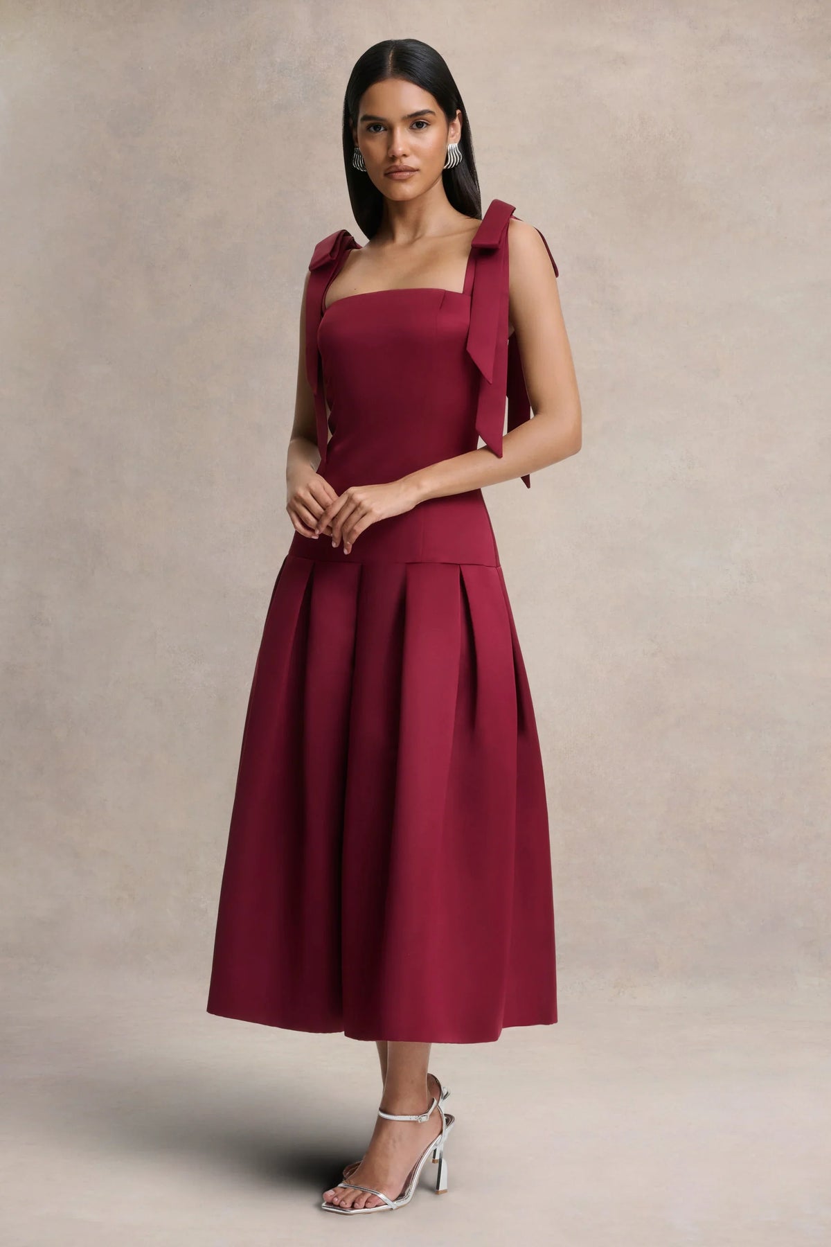 Alberta Burgundy Satin Square Neck Midi Dress With Bow Straps