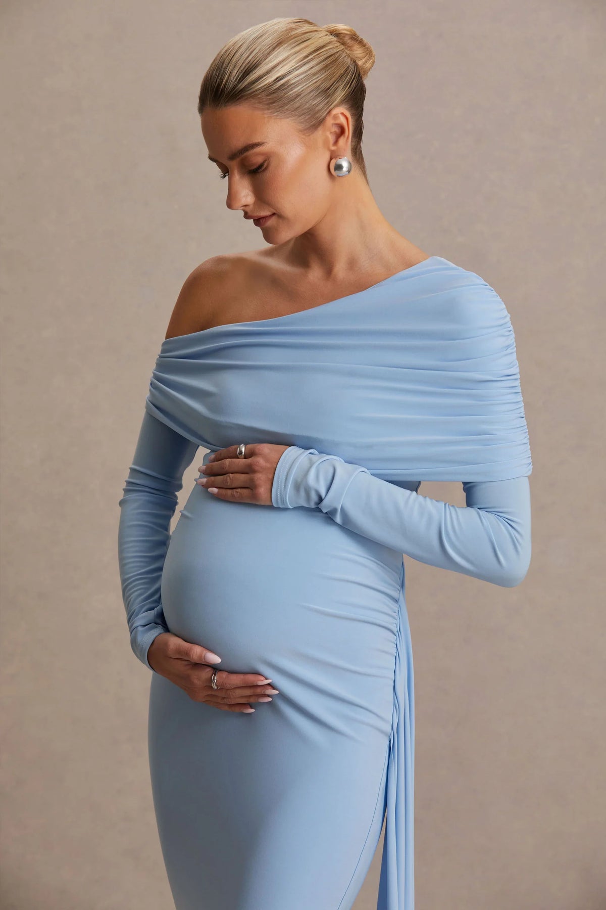 Amara Powder Blue Asymmetric Neck Maternity Maxi Dress With Sash Detail