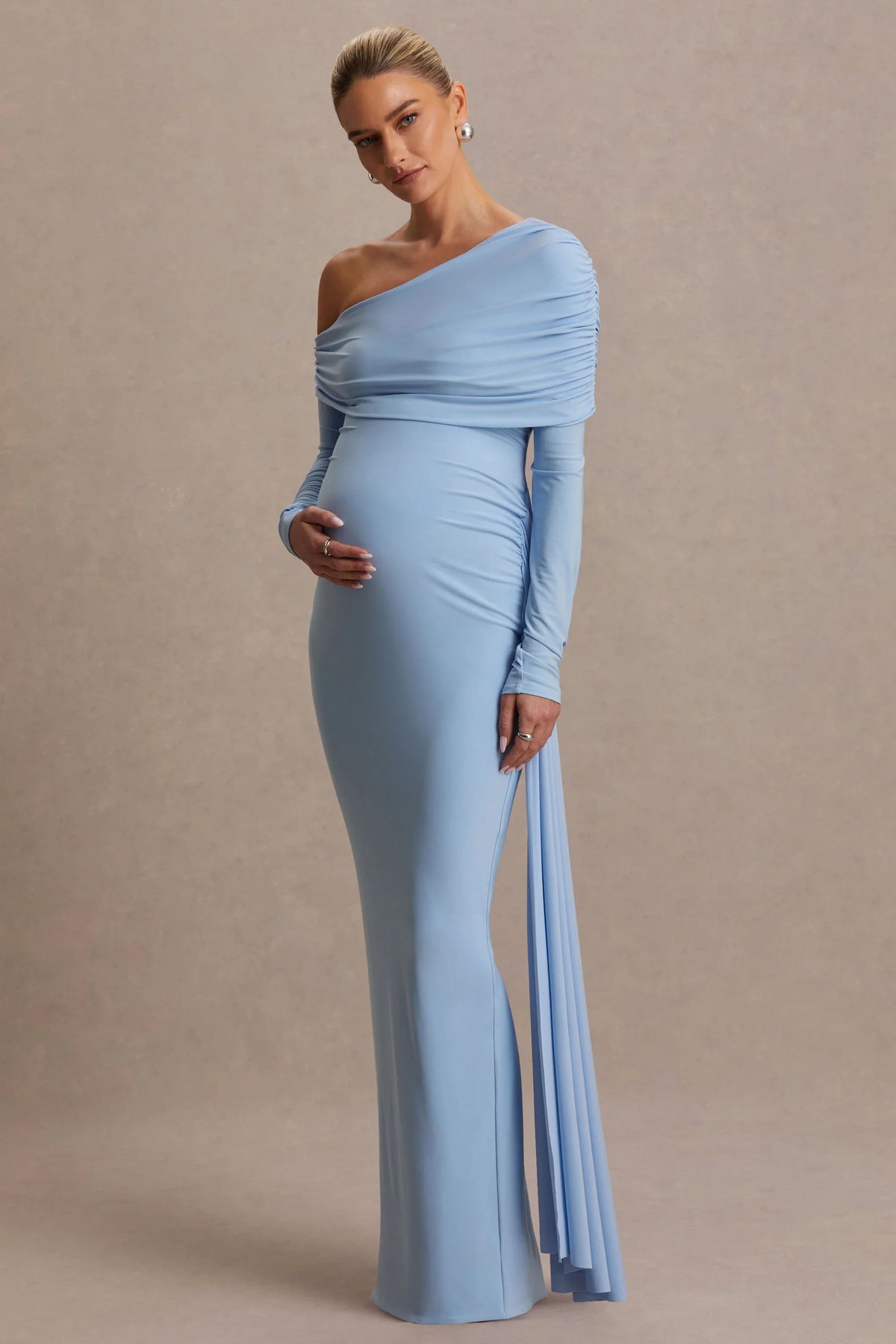 Amara Powder Blue Asymmetric Neck Maternity Maxi Dress With Sash Detail