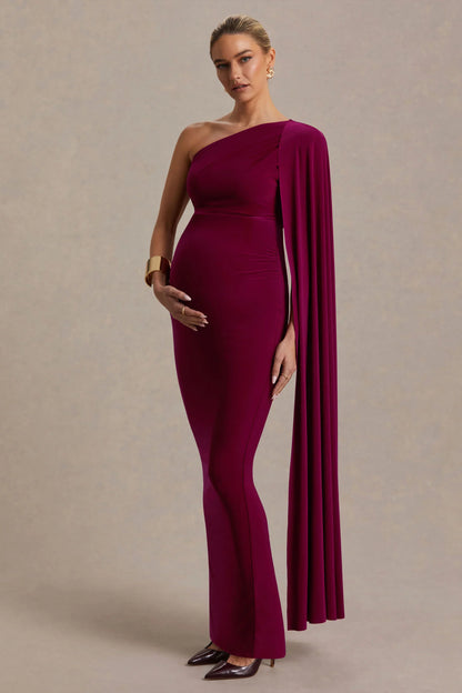 Amaryllis Berry Maternity One Shoulder Maxi Dress with Cape Sleeve