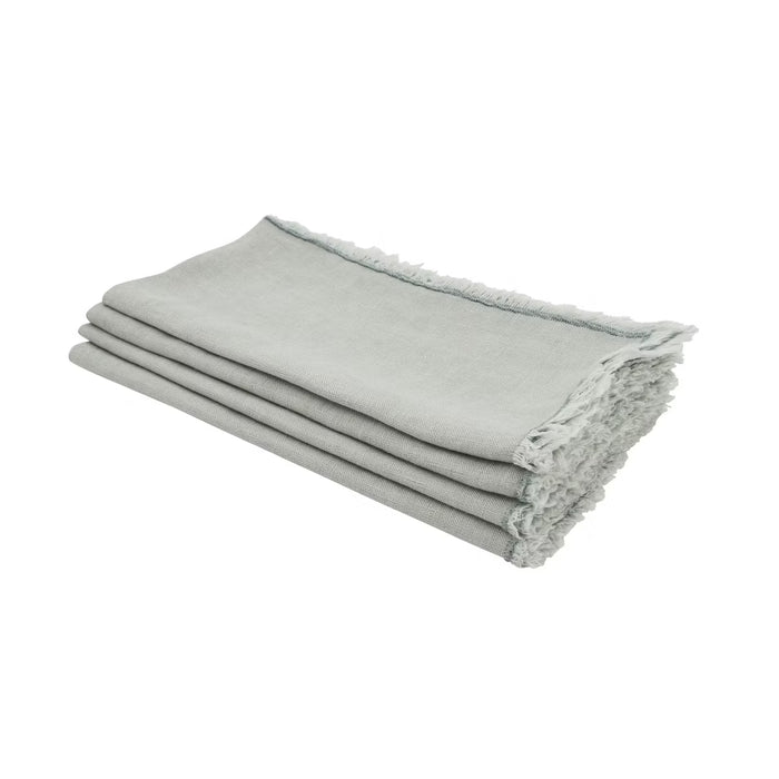 Folded light gray stone-washed linen-cotton napkin with handmade fringed edges, 20x20 inches.