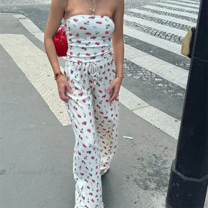 Fruit Print Strapless Tube Top Backless Crop Top Pants Two Pieces Set