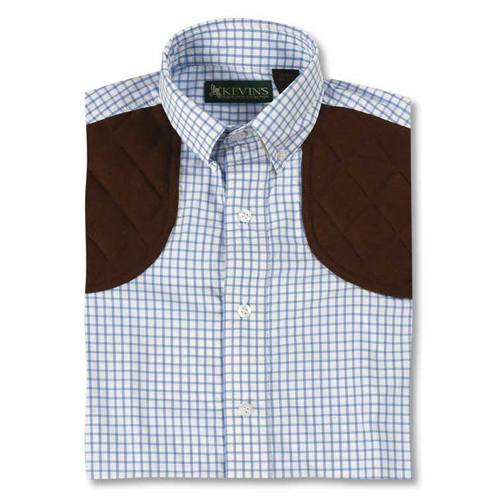 Children's blue tattersall performance shooting shirt with brown quilted shoulder patches and button-down collar.