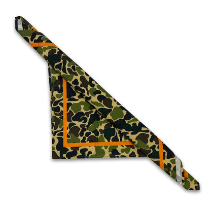 22-inch cotton dinner napkin in vintage camo print with an orange border, folded diagonally.