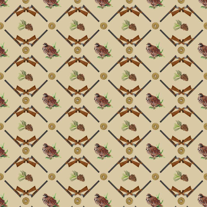 Soft cotton dinner napkin featuring a repeating pattern of quail, crossed shotguns, and pinecones on a tan background.