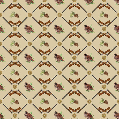 Soft cotton dinner napkin featuring a repeating pattern of quail, crossed shotguns, and pinecones on a tan background.