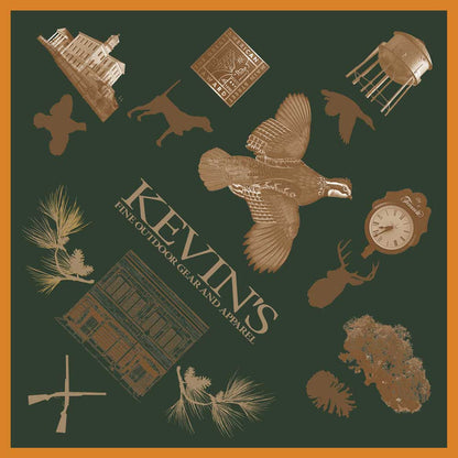 Green 22-inch cotton dinner napkin featuring a tan quail, hunting icons, and Kevin's branding with an orange border.