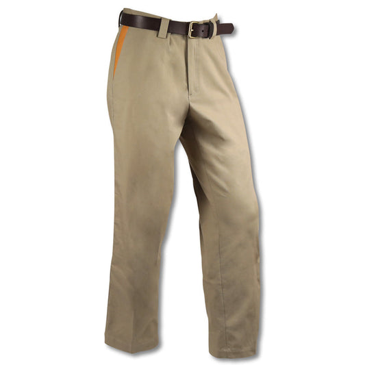 Khaki cotton stretch canvas pants with vegan leather trim and a plain-front silhouette, shown with a brown leather belt.