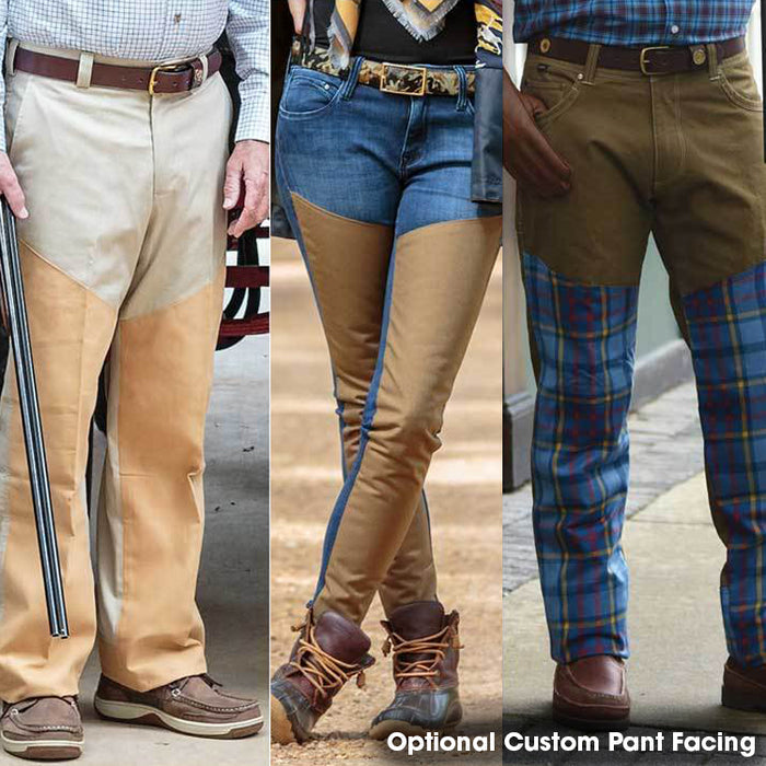 Men wearing rugged cotton canvas pants with custom vegan leather and plaid fabric facing options.