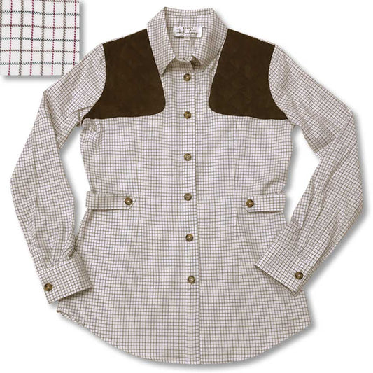 Ladies Huntress shooting shirt in tan and red plaid cotton poplin with brown suede recoil patches and adjustable side tabs.