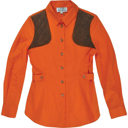 Bright orange ladies shooting shirt with brown quilted shoulder patches, button-down front, and adjustable waist tabs.