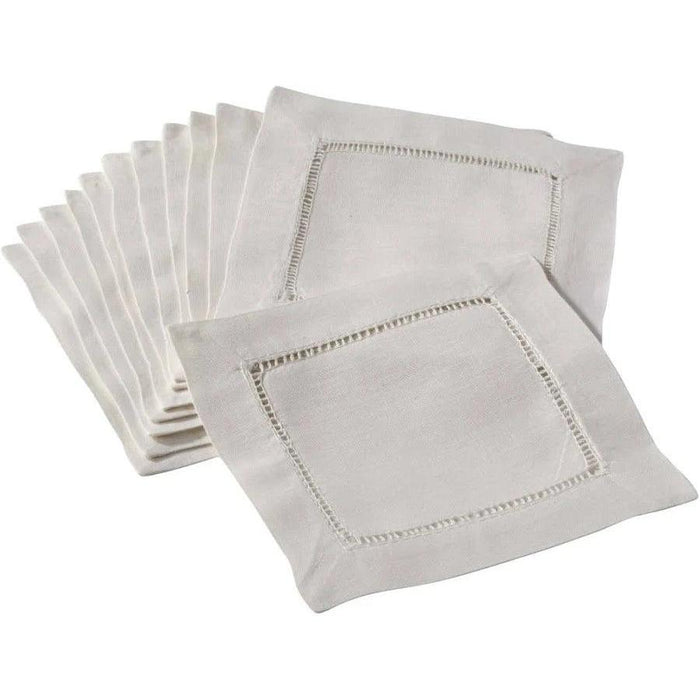 Set of white 20x20 inch linen-cotton blend napkins featuring a delicate hemstitched border design.