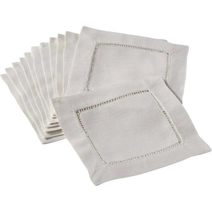 Set of white 20x20 inch linen-cotton blend napkins featuring a delicate hemstitched border design.