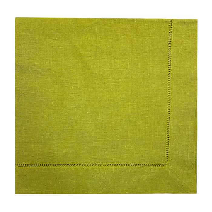 Square 20x20 inch lime green linen-cotton blend napkin with decorative hemstitch border detail.