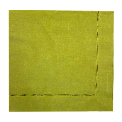 Square 20x20 inch lime green linen-cotton blend napkin with decorative hemstitch border detail.