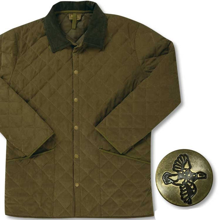 Olive green diamond-quilted barn jacket with a dark corduroy collar and brass snap buttons featuring a bird motif.