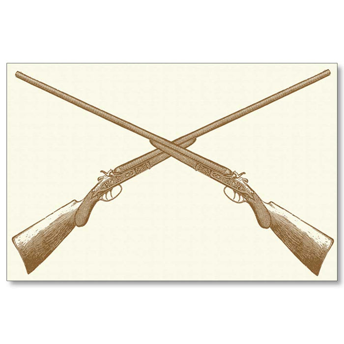 Sporting-themed paper placemat featuring brown crossed shotguns on a cream-colored linen textured background.