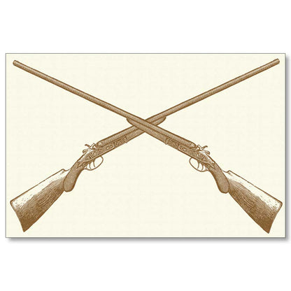 Sporting-themed paper placemat featuring brown crossed shotguns on a cream-colored linen textured background.