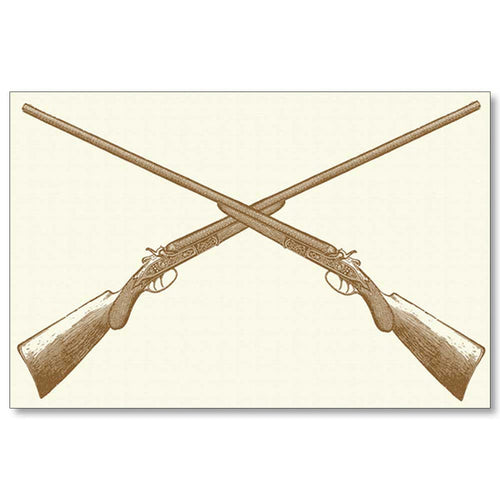 Sporting-themed paper placemat featuring brown crossed shotguns on a cream-colored linen textured background.